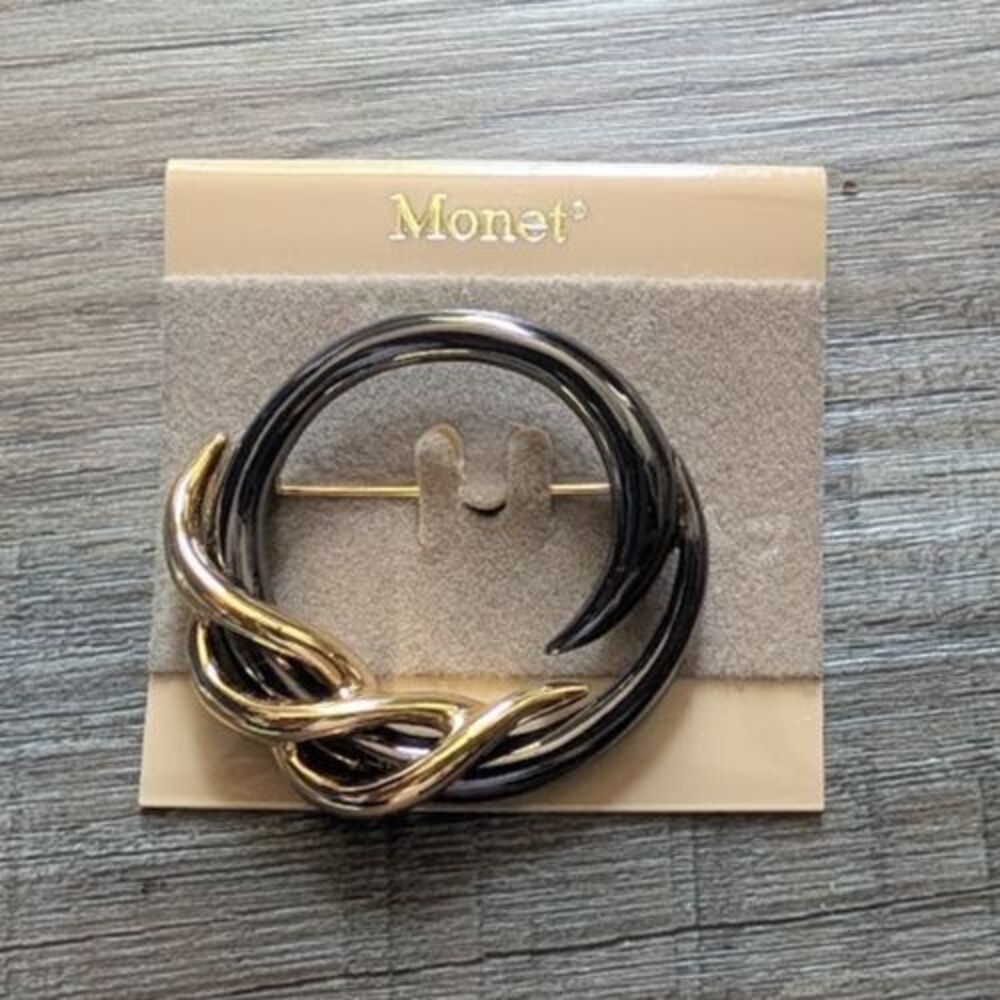 Classic Monet SilverGold Tone Circle Brooch 1.5" Modernist Swirl Pin Vintage MCM